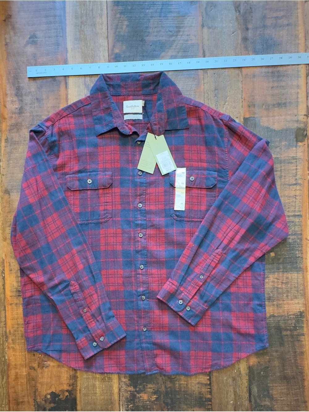 Goodfellow & Co Men's Red & Navy Plaid Button-Up Shirt - 100% Cotton XXL